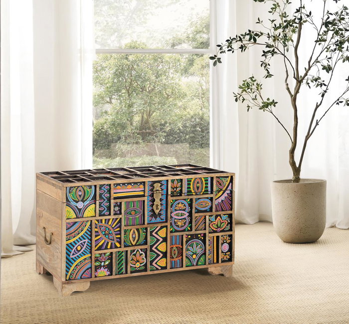 GINER Y COLOMER Baül de Rangement en Bois de Mango Peint à la Main Multicolore - Coffre de Salon avec Intérieur Spacieux